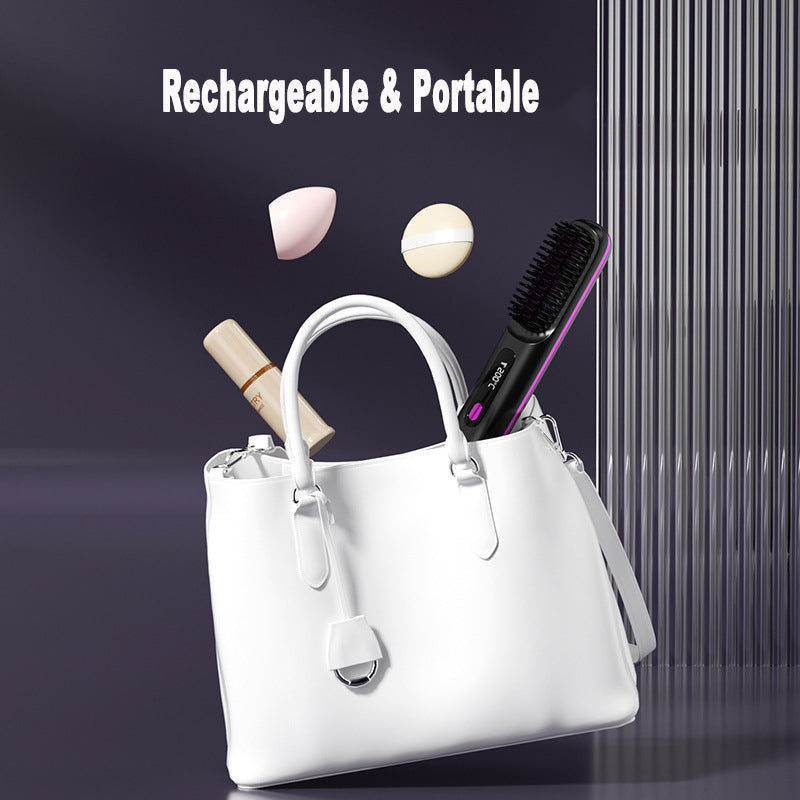 2‑in‑1 Wireless Hair Straightener & Curler Brush, Fast Heating, Portable USB Hair Styling Comb