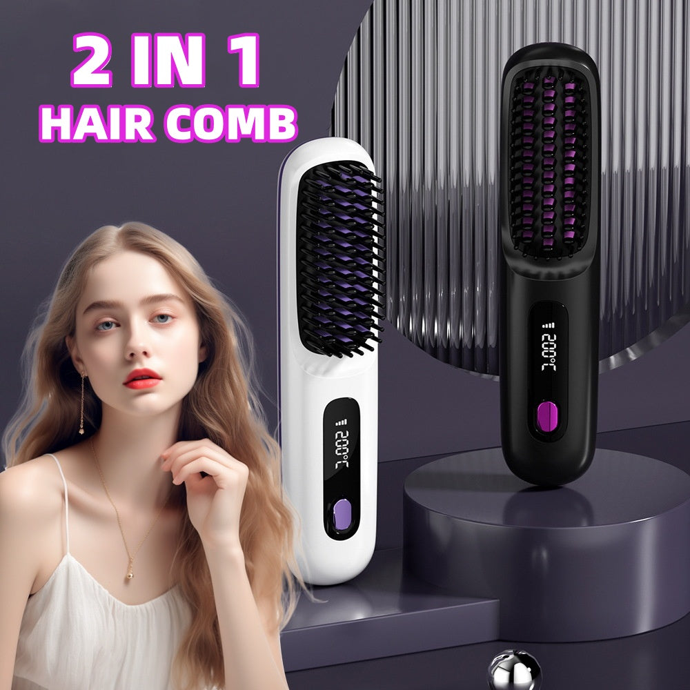 2‑in‑1 Wireless Hair Straightener & Curler Brush, Fast Heating, Portable USB Hair Styling Comb